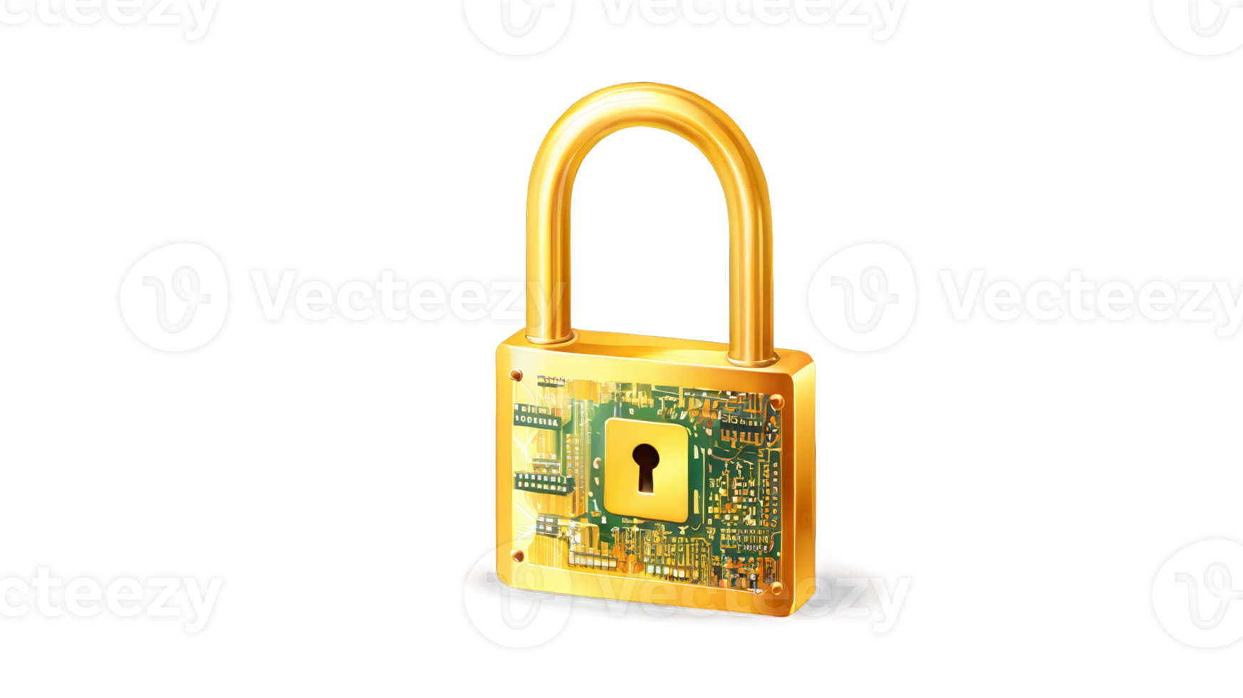 Golden padlock with integrated electronic circuits, password security technology for fraud prevention and confidential data network. isolated transparent background png