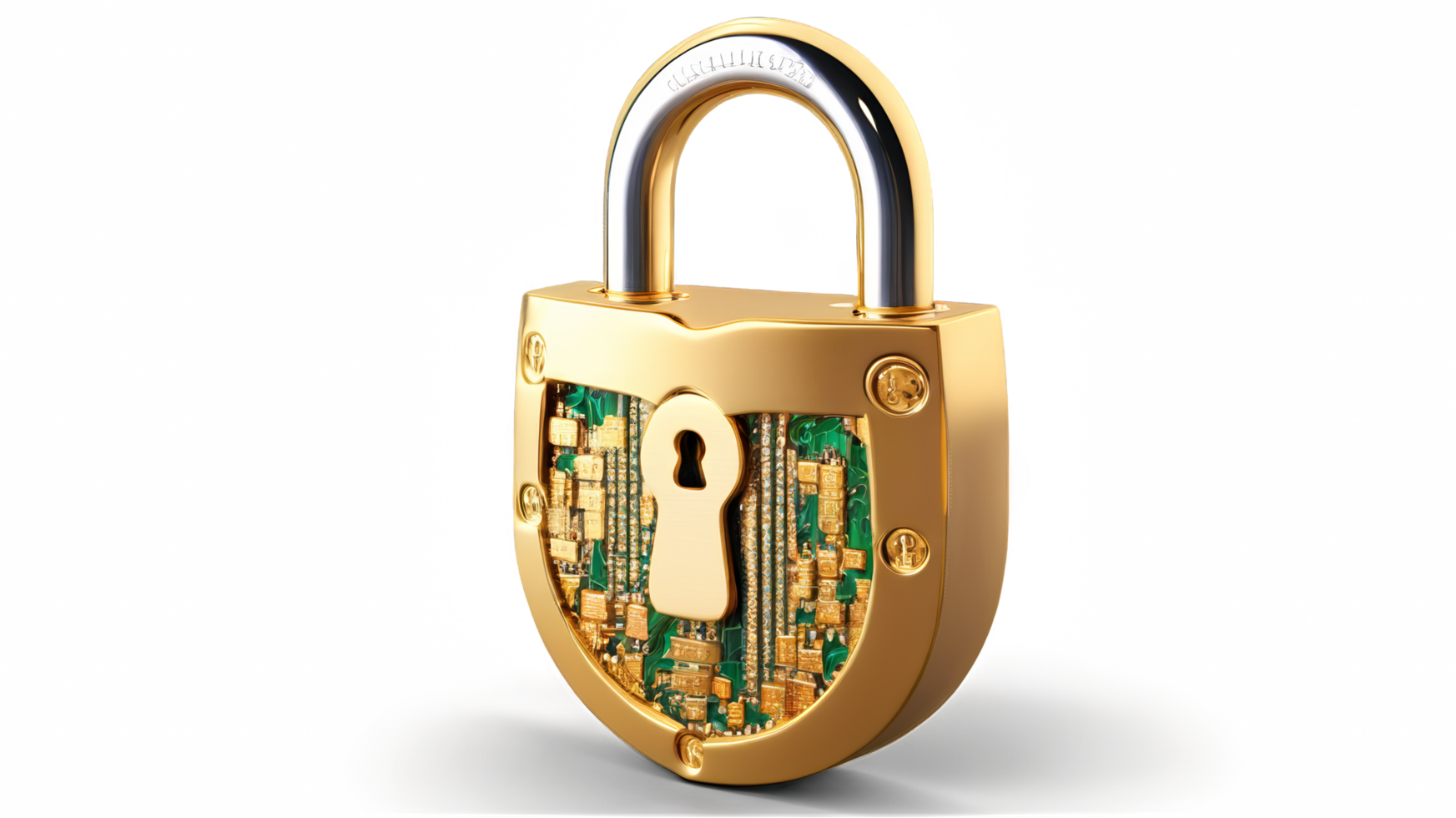 Golden padlock with integrated electronic circuits, password security technology for fraud prevention and confidential data network. isolated transparent background png