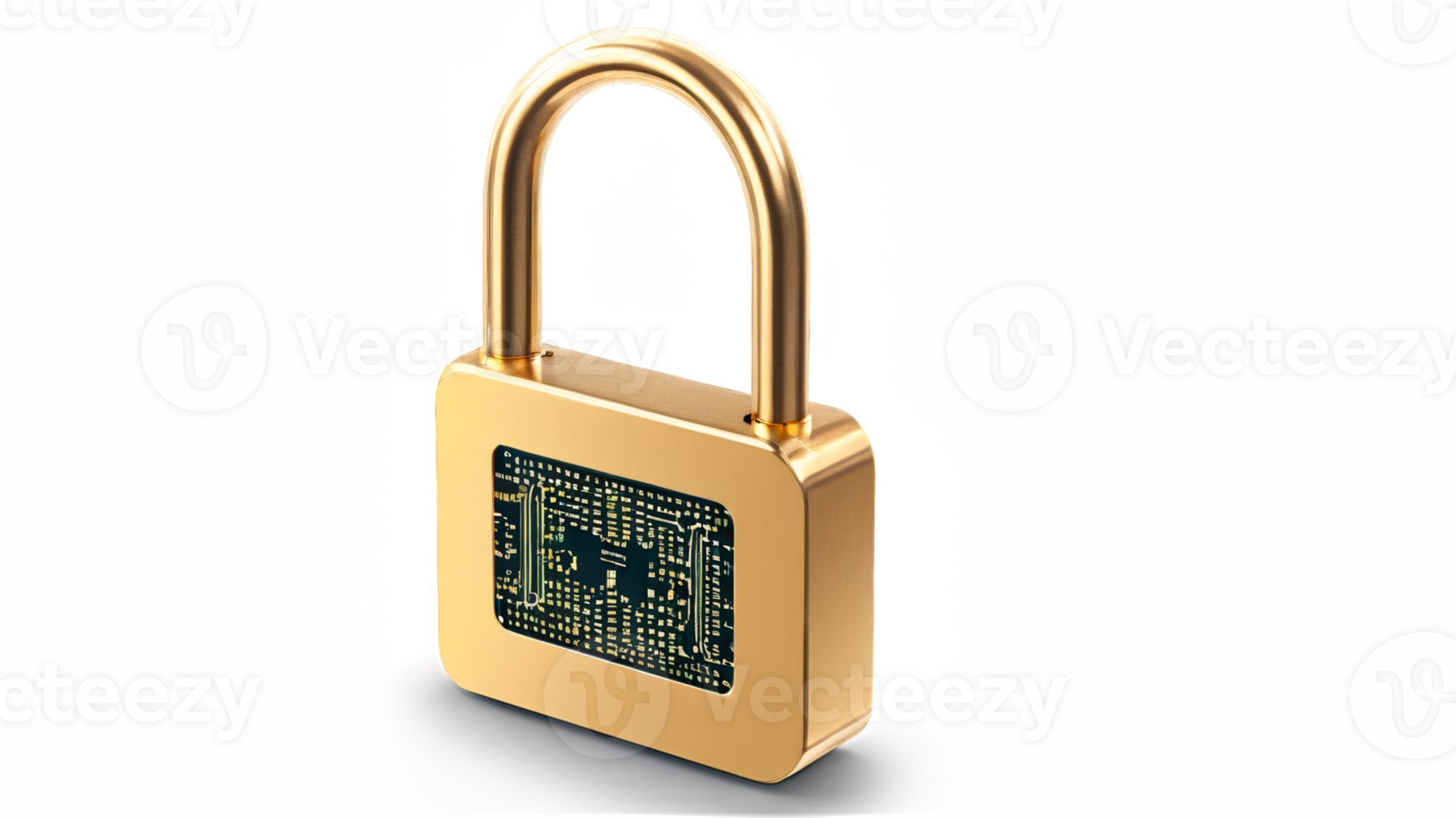 Golden padlock with integrated electronic circuits, password security technology for fraud prevention and confidential data network. isolated transparent background png