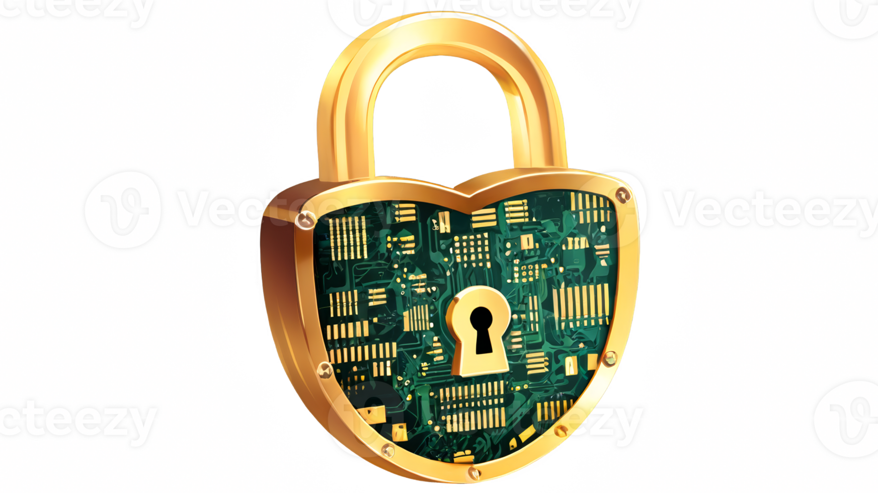 Golden padlock with integrated electronic circuits, password security technology for fraud prevention and confidential data network. isolated transparent background png