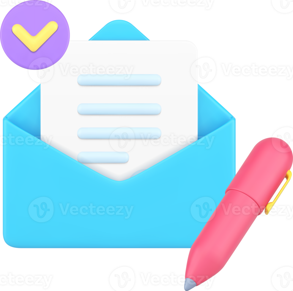 Letter writing in open envelope pen document success send postal mail delivery 3d icon png