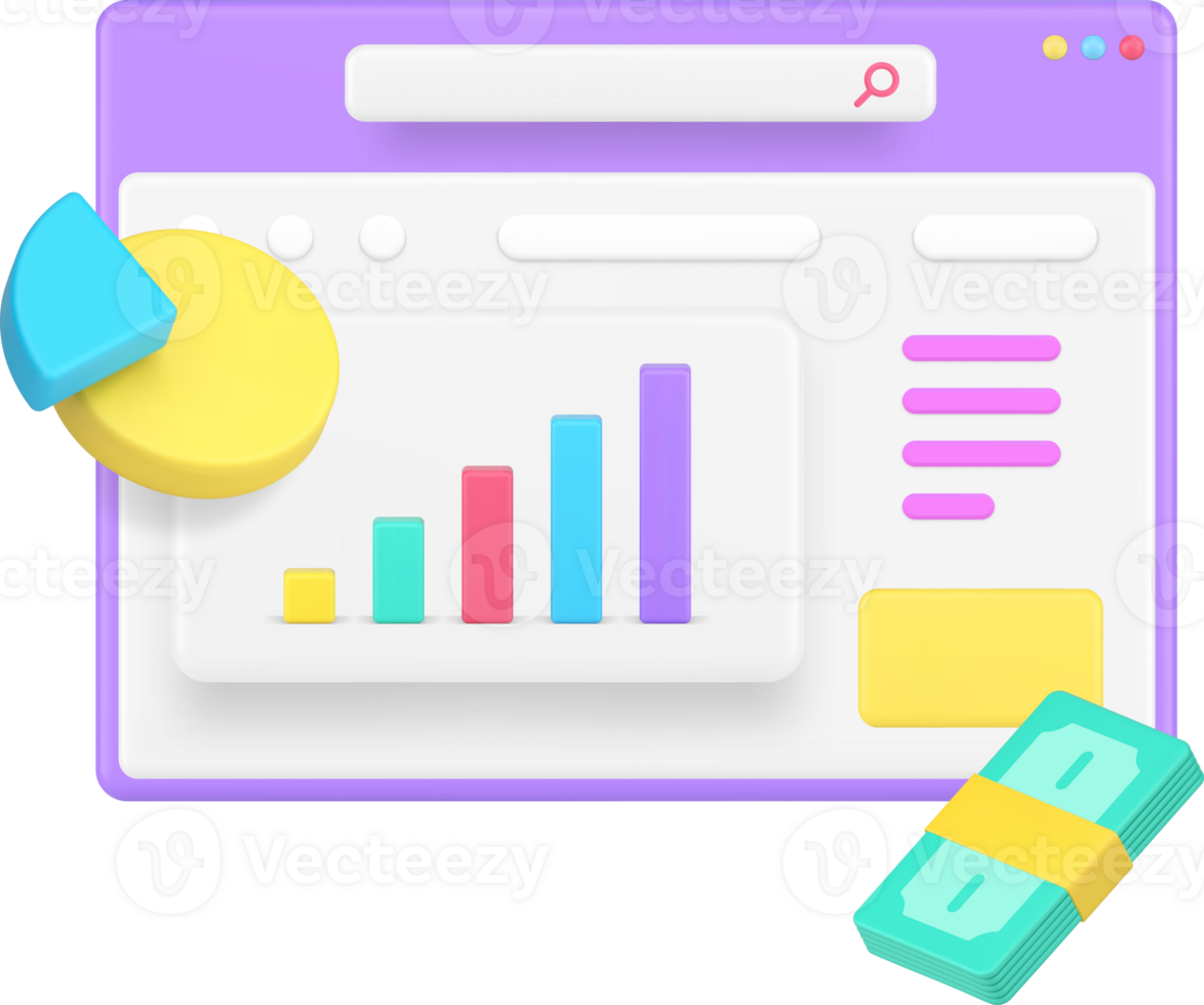 Financial profit make money success strategy business analyzing browser workflow 3d icon png