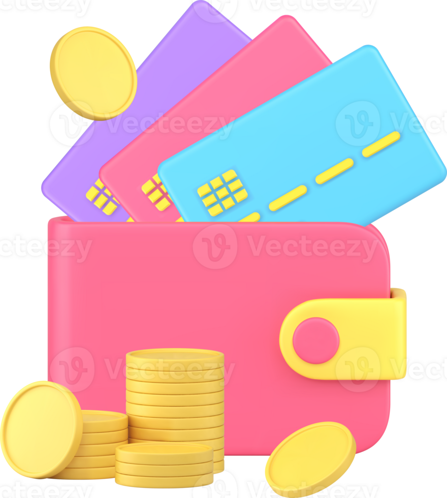 Financial independence richness earnings wallet full of coin money credit debit card 3d icon png