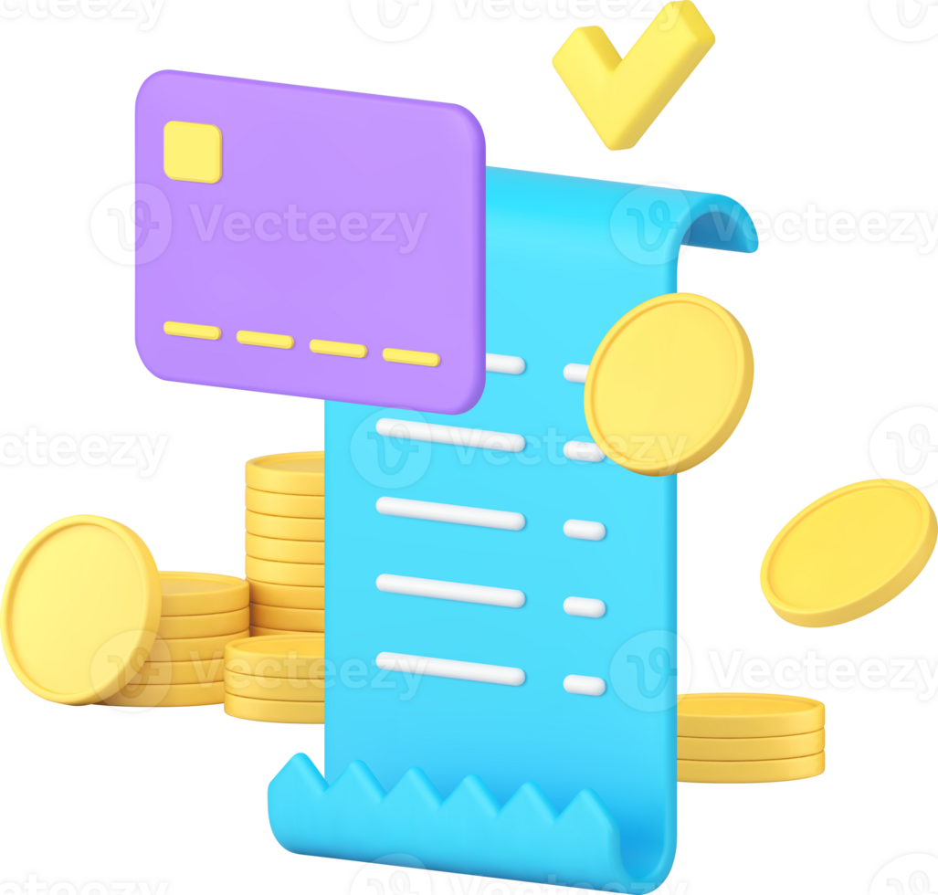 Card payment complete receipt invoice flying golden coin cash money 3d icon realistic png