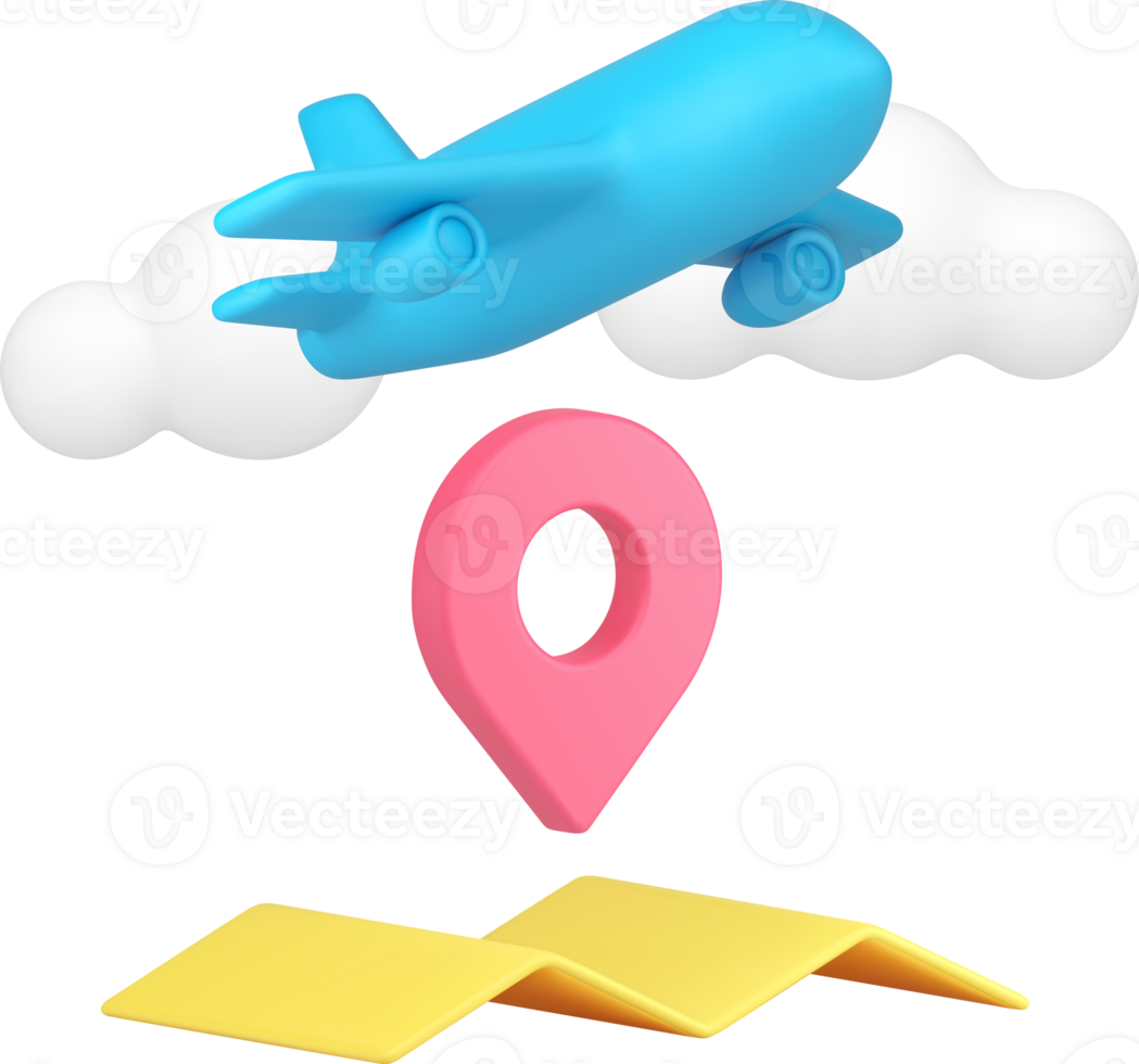 Travel booking agency service plane destination with map pin GPS location 3d icon realistic png