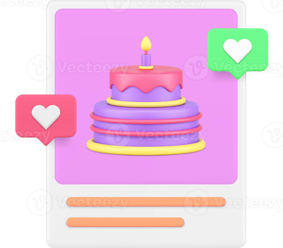 Birthday cake photo image social media post with like bakery receipt 3d icon realistic png