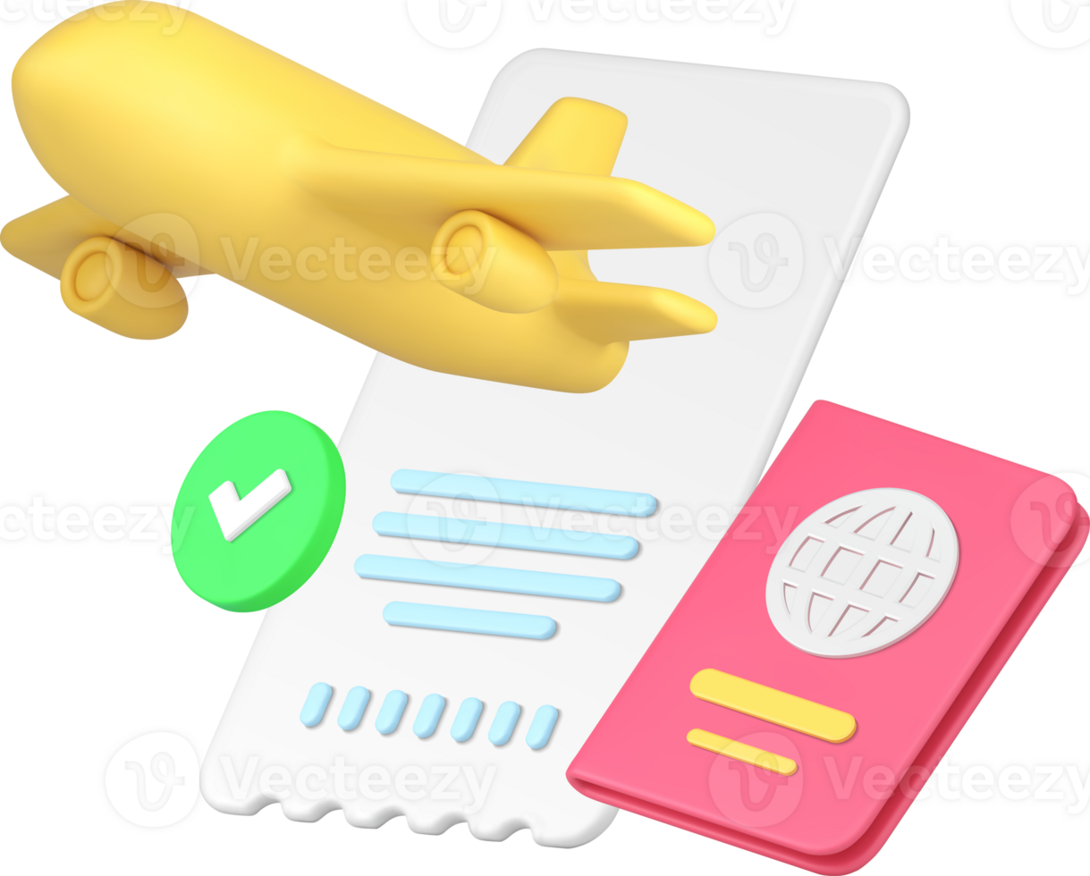 Travel planning agency service airplane with ticket and passport 3d icon realistic png