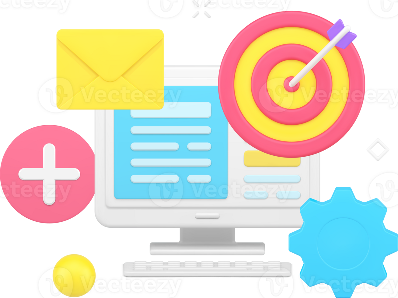 Computer desktop with open information file with machine mechanism, target aim, new email envelope png