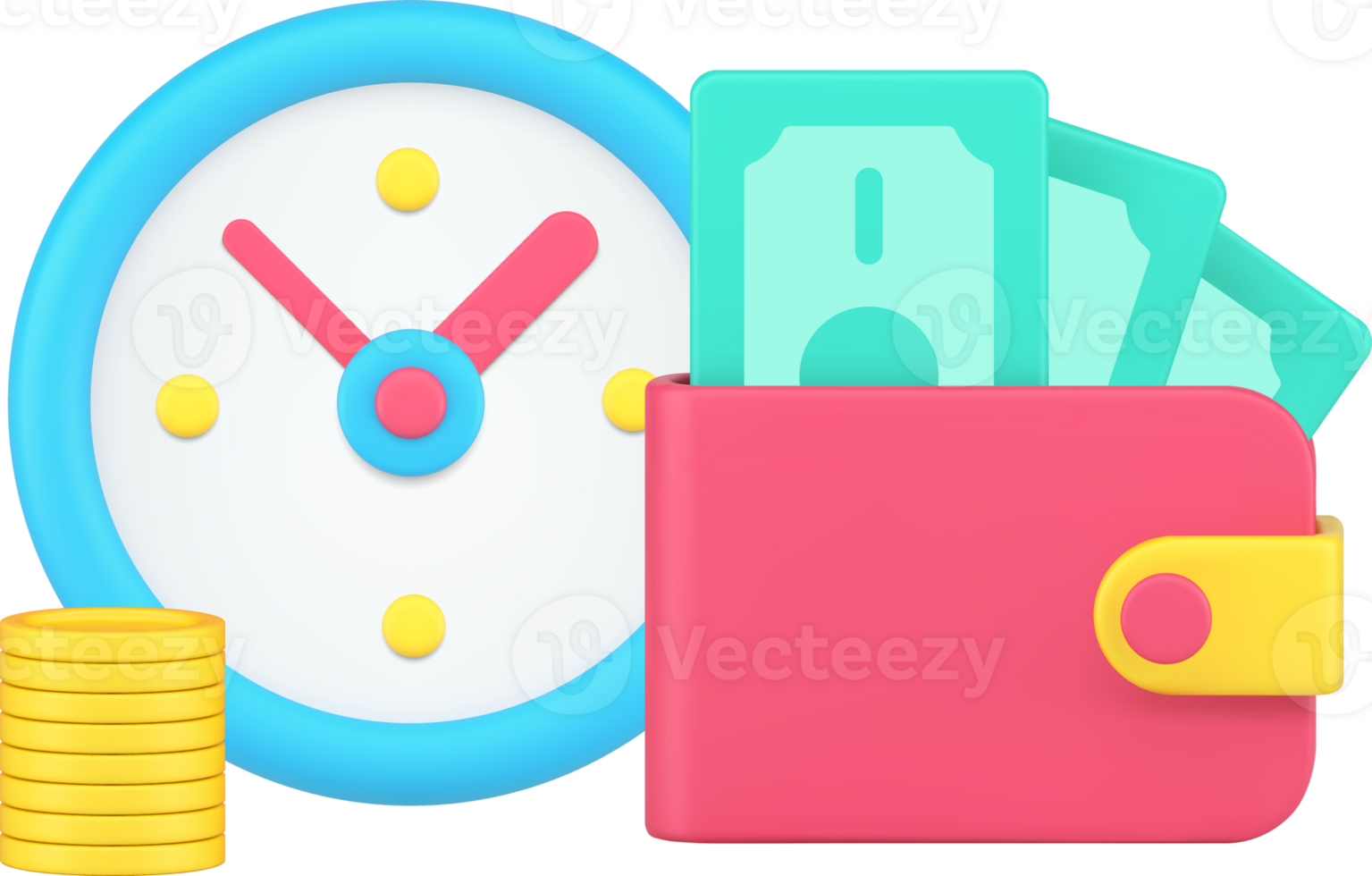 Money wealth business profit with wallet cash coins during alarm clock time 3d isometric png