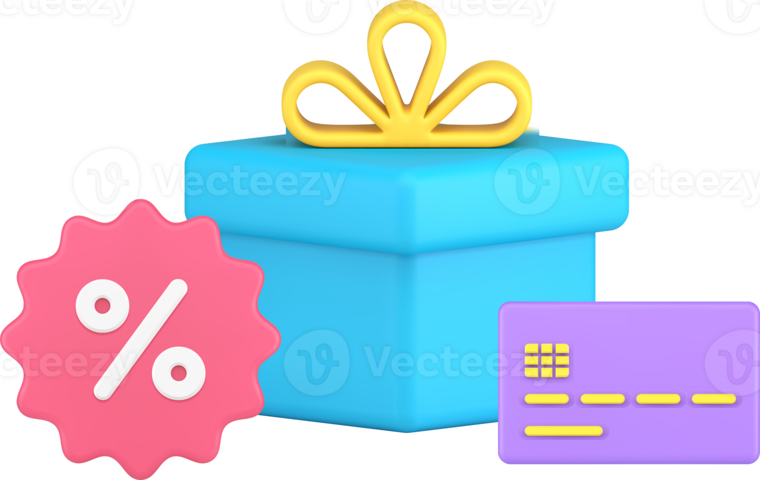 Seasonal shopping sale with festive gift box bow credit card for payment 3d icon isometric png