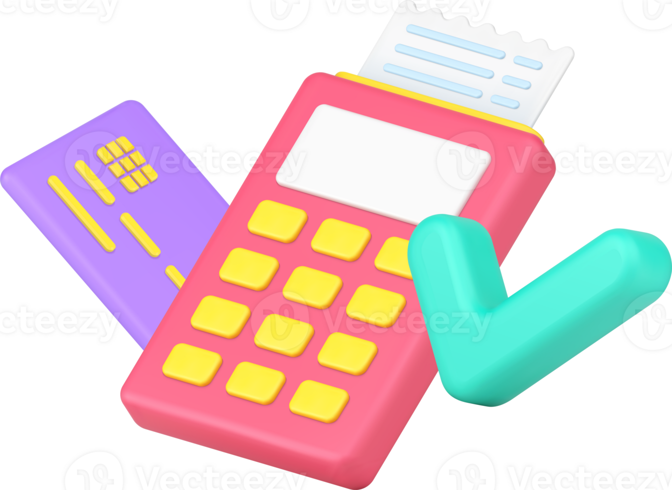 Contactless POS terminal payment with credit card and bill receipt accepted by check mark 3d icon png