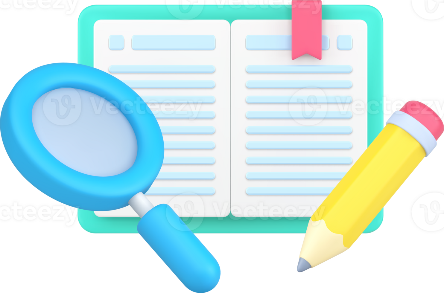 Reading book with magnifying glass and pencil for excretion important information 3d icon isometric png