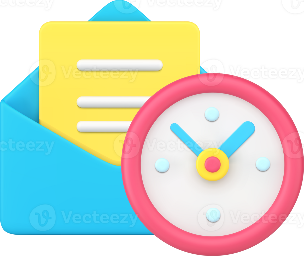 Send email time notification timer alarm clock 3d. Texting message letter blank png
