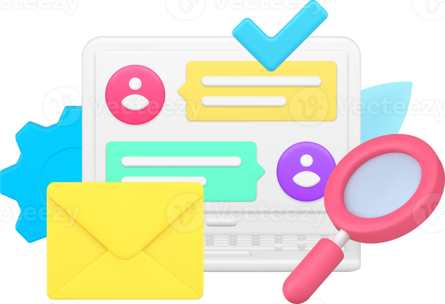 Online dialogue chatting searching with magnifying glass and done checkmark 3d icon isometric png