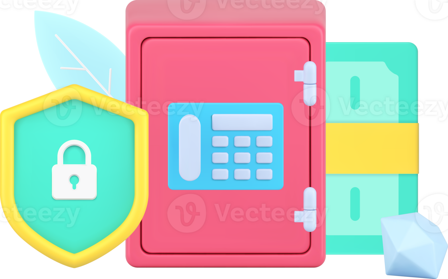 Guard banking protective system with shield and metal safe with combination lock 3d icon isometric png