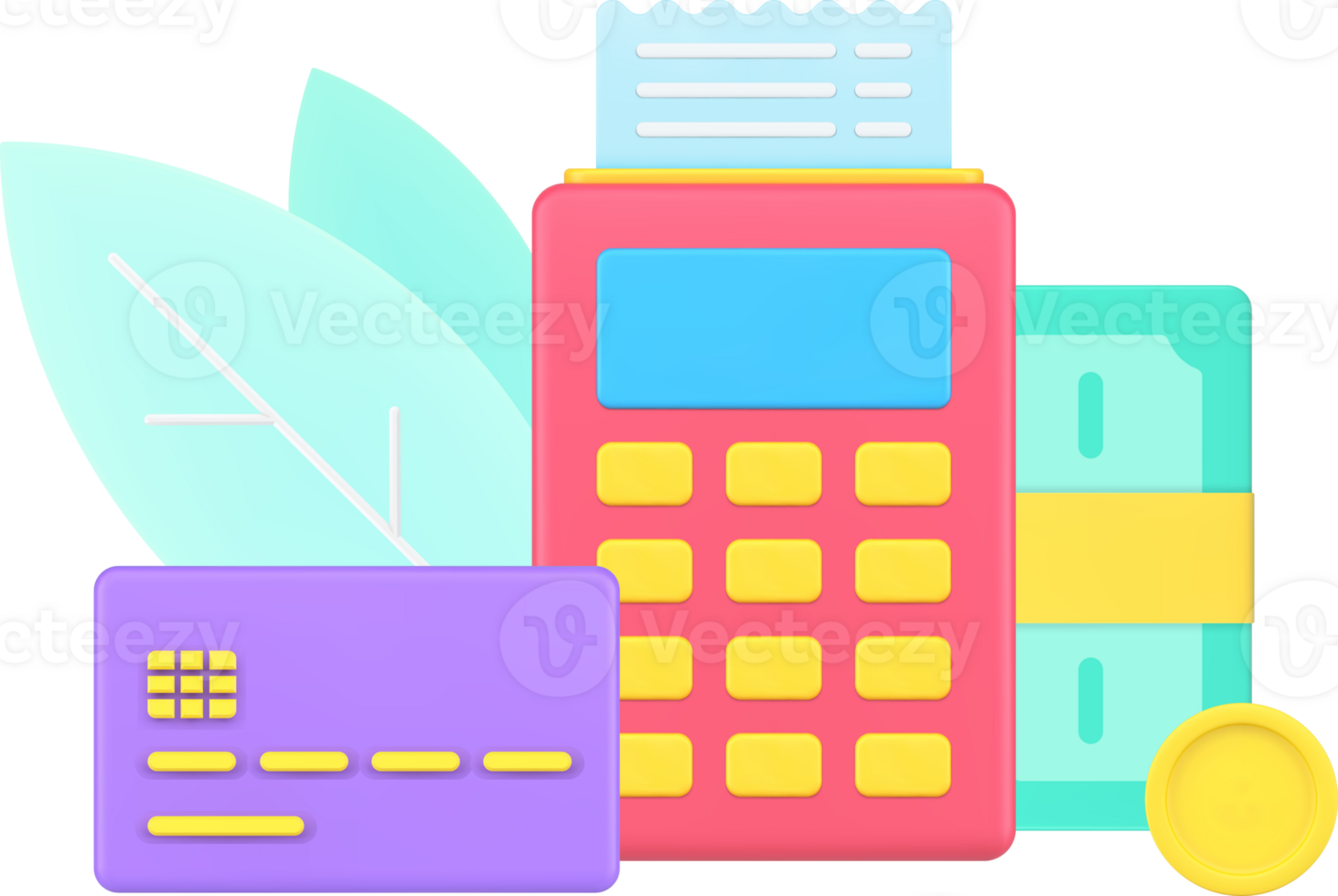 POS terminal with receipt, credit card and cash money dollar for payment 3d icon isometric png