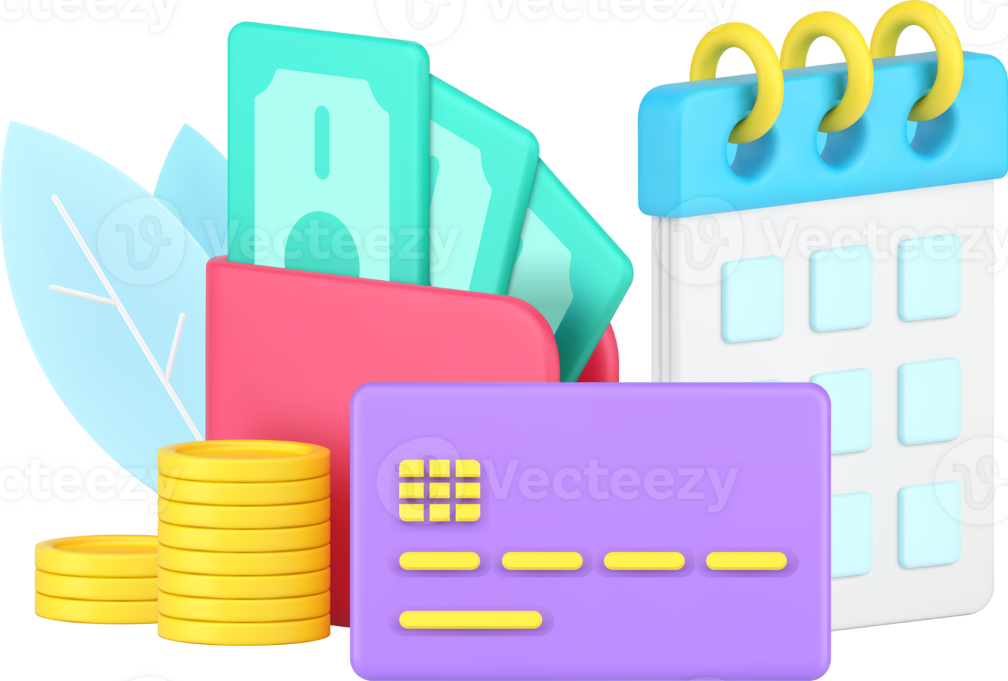 Day of payment with calendar and cash money debit card 3d icon isometric png