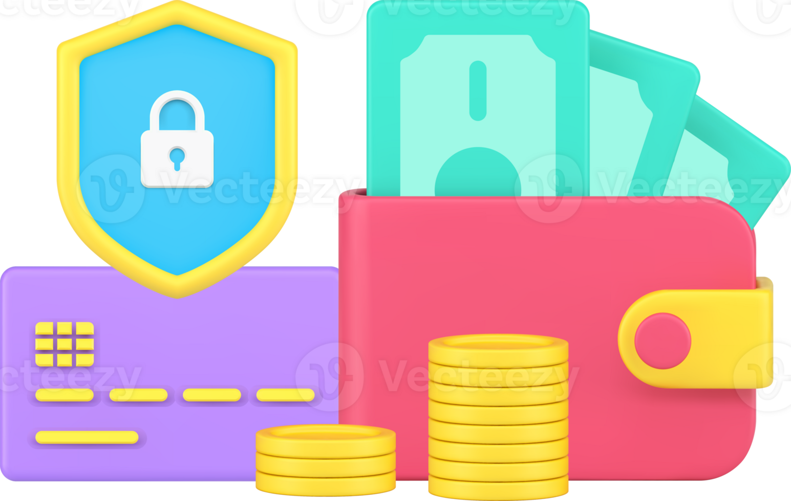 Banking financial security money protect with cash wallet and credit card emoney 3d icon isometric png