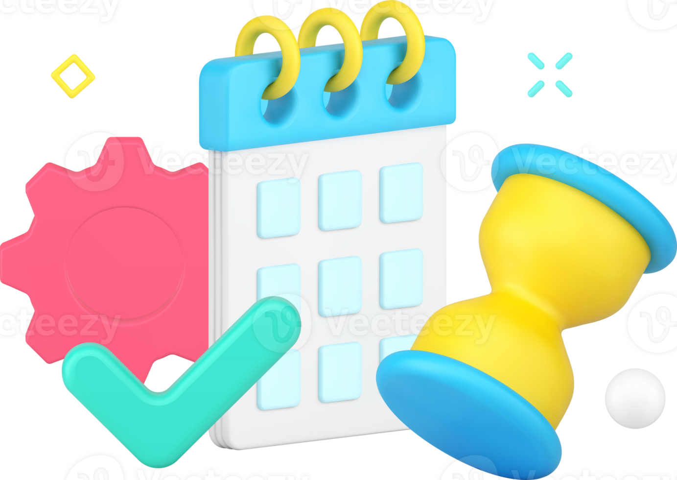 Successful business planning and time management with calendar, hourglass and complete checkmark png