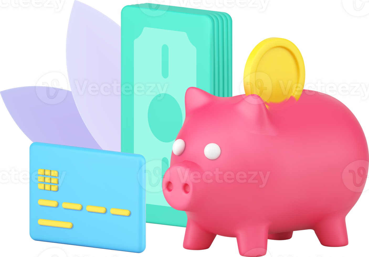 Financial independence, saving and wealth with coins piggy bank, cash dollar money and credit card png