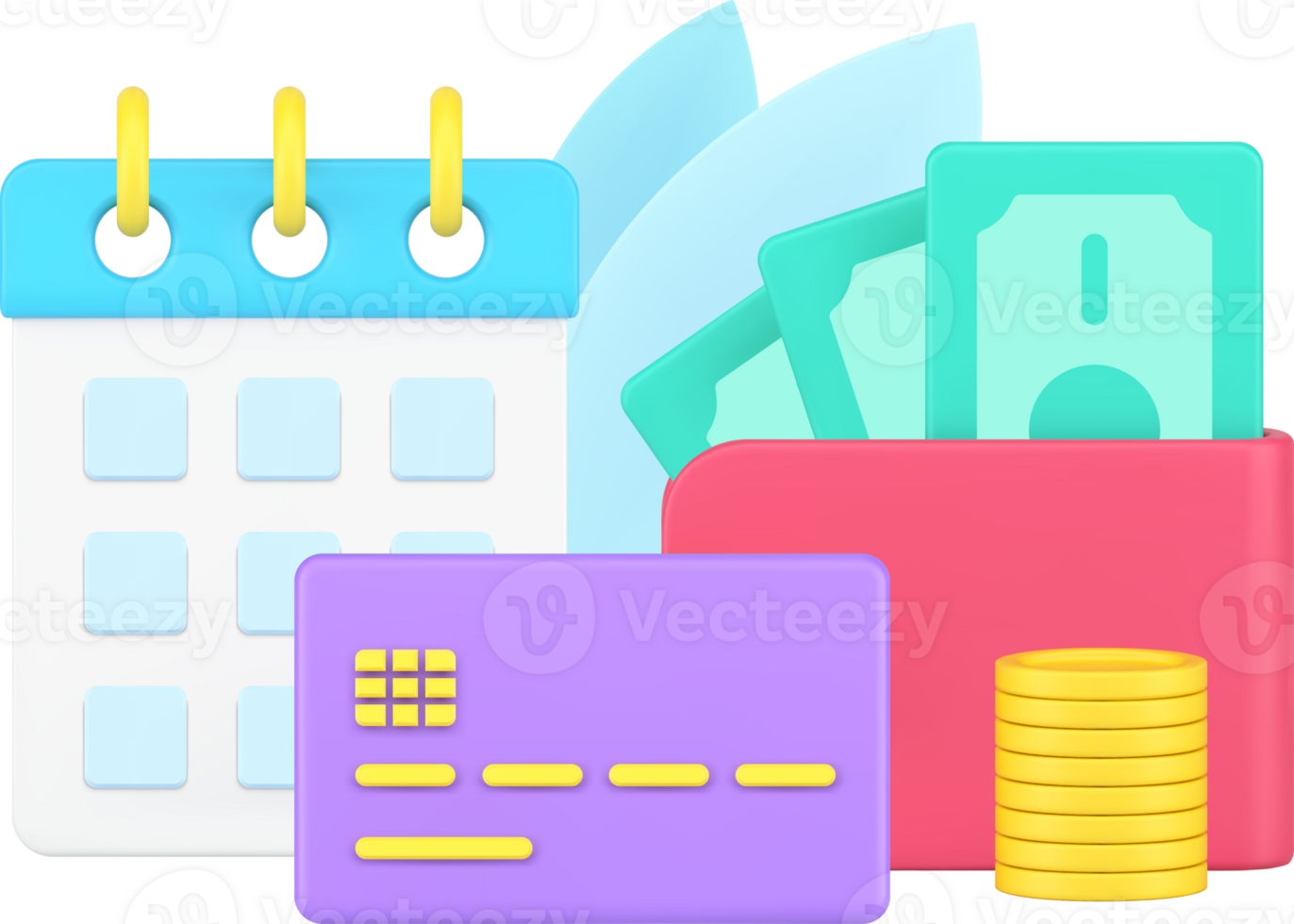 Day of regular monthly payment with schedule debit card and money cash wallet 3d png