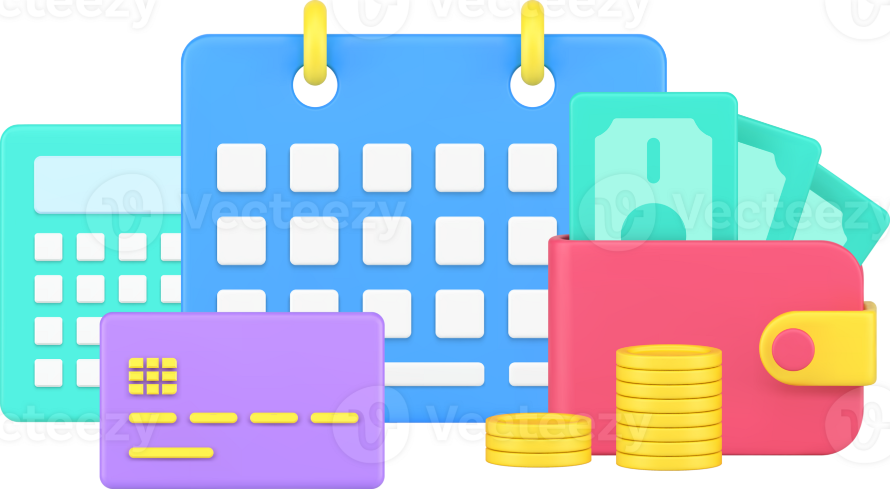 Calculating regular monthly payment with calendar, debit card and coins cash money dollar 3d icon png