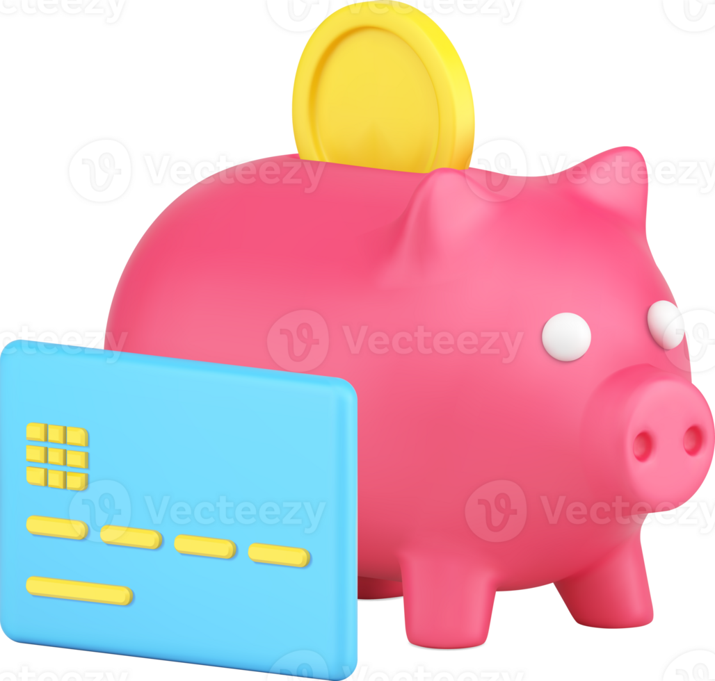 Piggy bank with putting golden coin and credit card for e commerce payment contactless transaction png