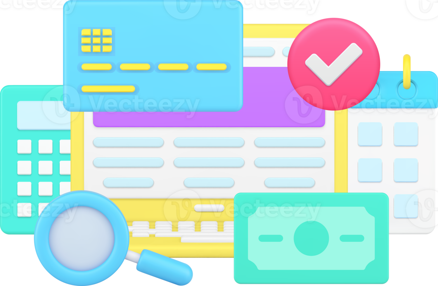 Successful online payment with schedule reminder on laptop with cash money dollar and credit card png