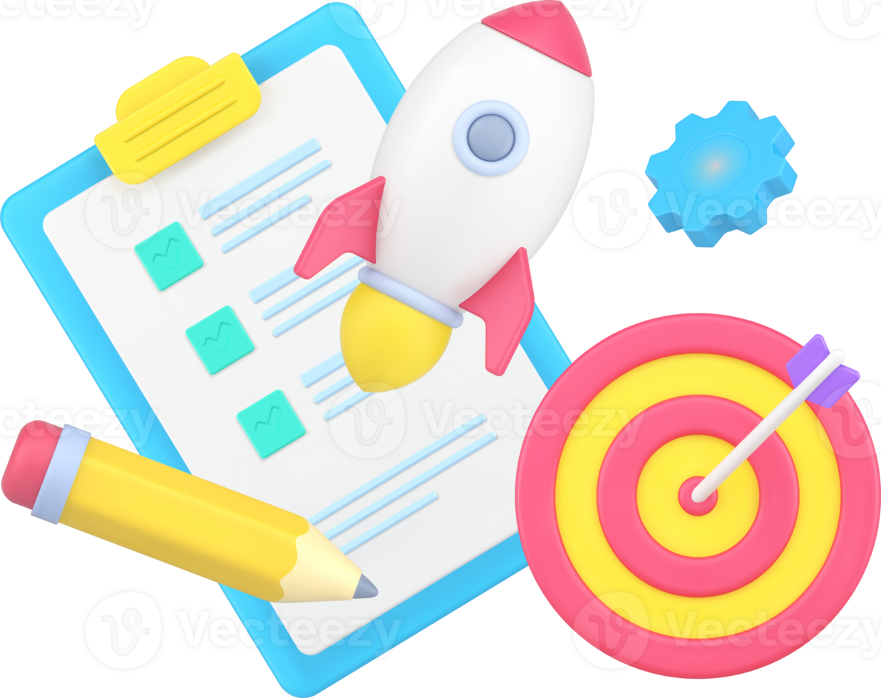 Development successful business startup strategy with gear, goal aiming, to do list checkbox rocket png