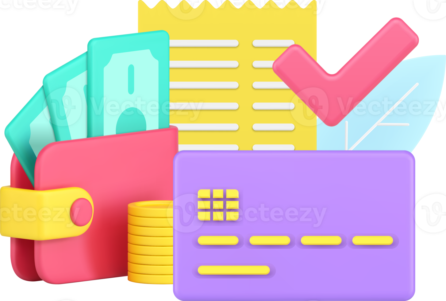 Successful payment with credit card, cash money dollar, coins, wallet and receipt 3d icon png