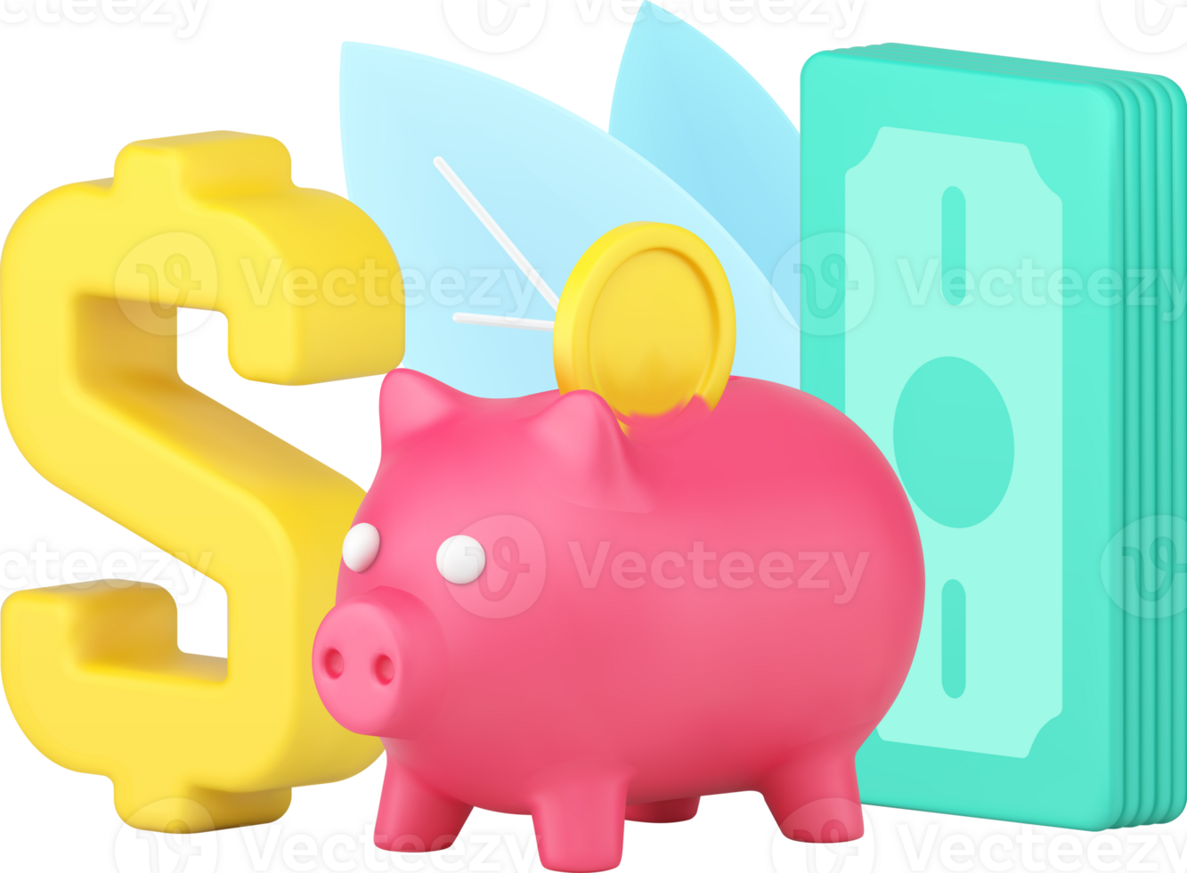 Piggy bank with coins and cash money dollar golden symbol 3d icon isometric png