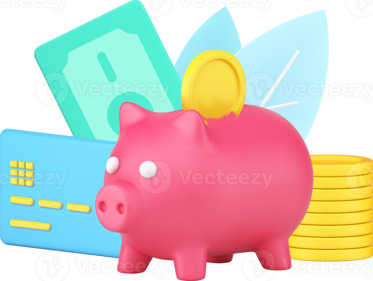 Money savings with golden coins in piggy bank and cash money dollar with credit card 3d icon png