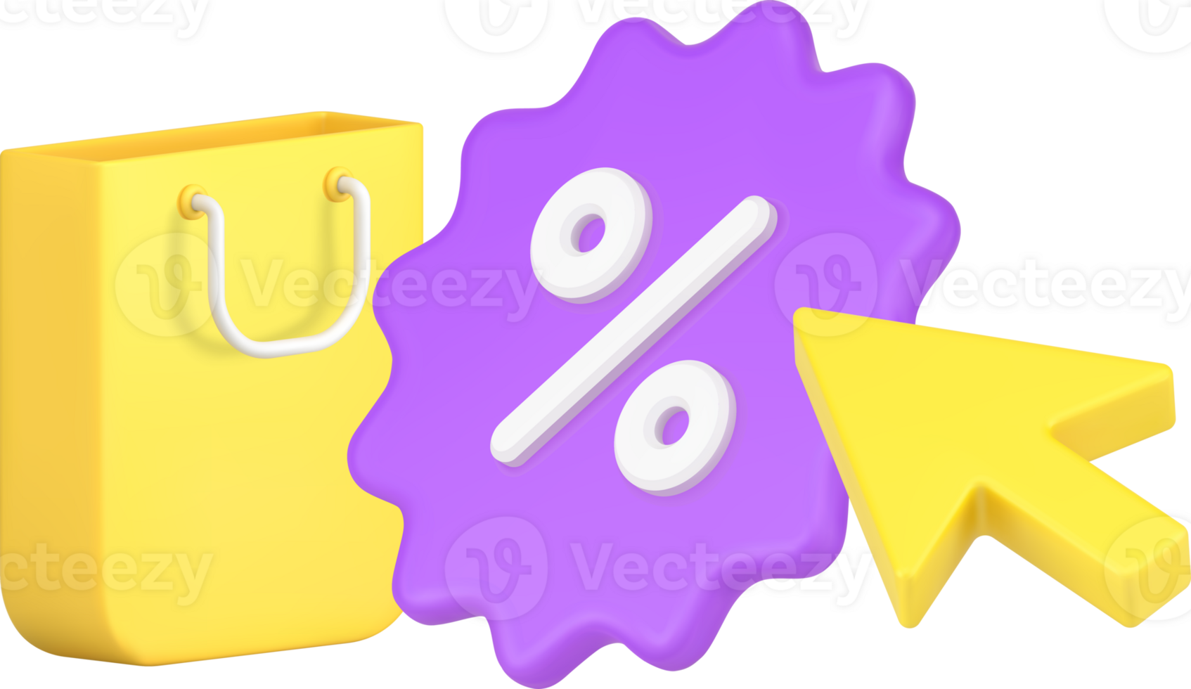 Yellow arrow pointing into seasonal sale discount with paper shopping bag and percentage tag 3d icon png