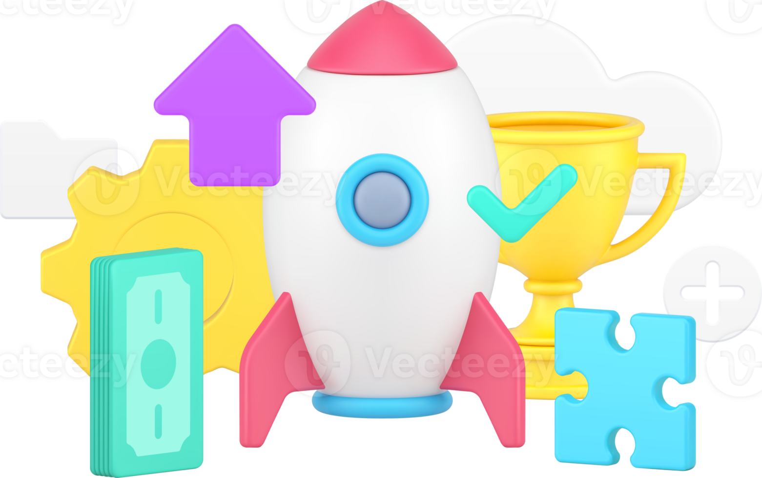 Successful business startup profit with launching rocket, golden cup achievement 3d png
