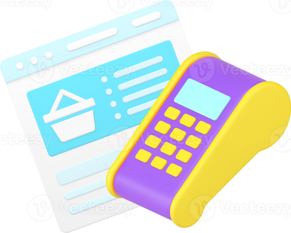 conectados compras navegando e pagando bens com computador portátil tela e pos terminal isométrico 3d ícone png