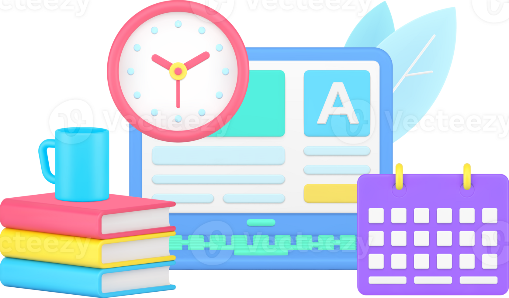 Internet exam laptop user interface with wall watch and schedule 3d icon isometric png