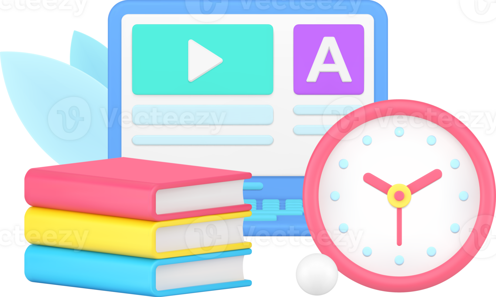 Online education with laptop lesson user interface and stack of textbook 3d icon png