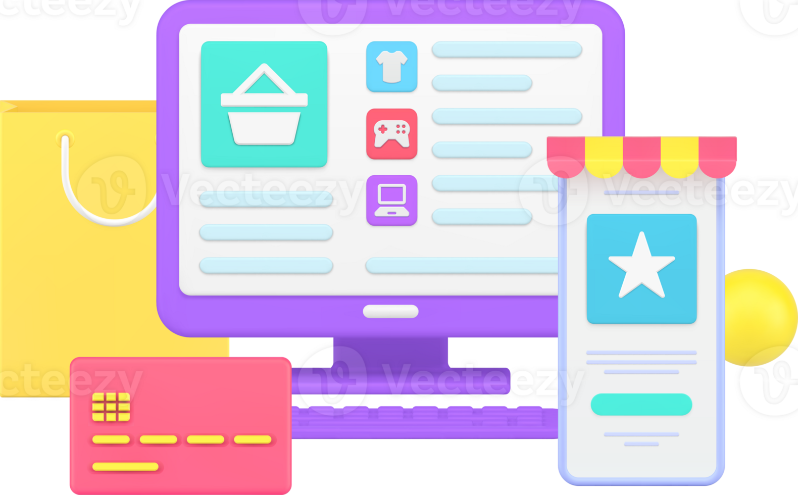 Online shopping website with laptop monitor and smartphone for buying goods paying 3d icon png