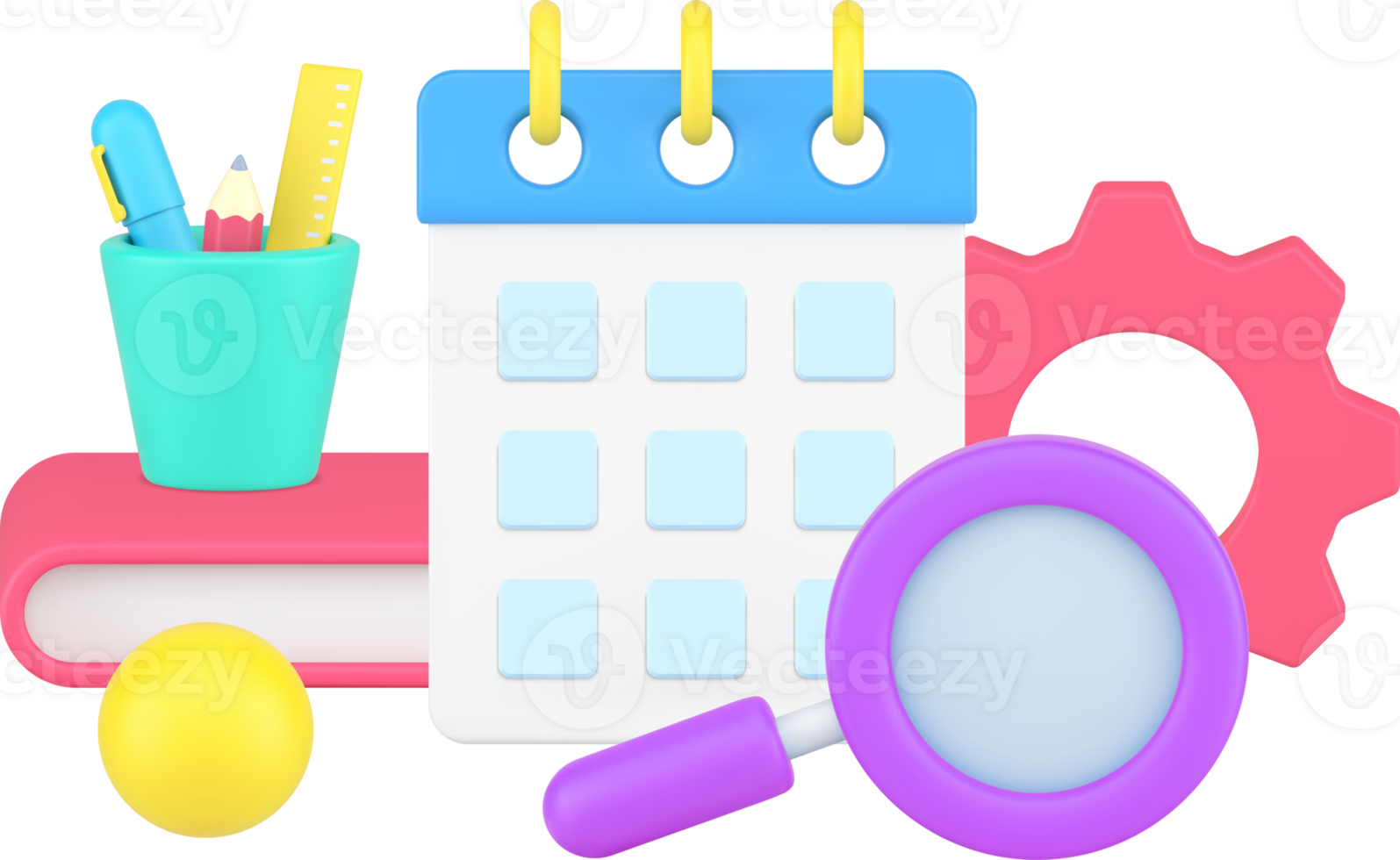Planning work with schedule and magnifying glass workplace organizing for studying business 3d icon png