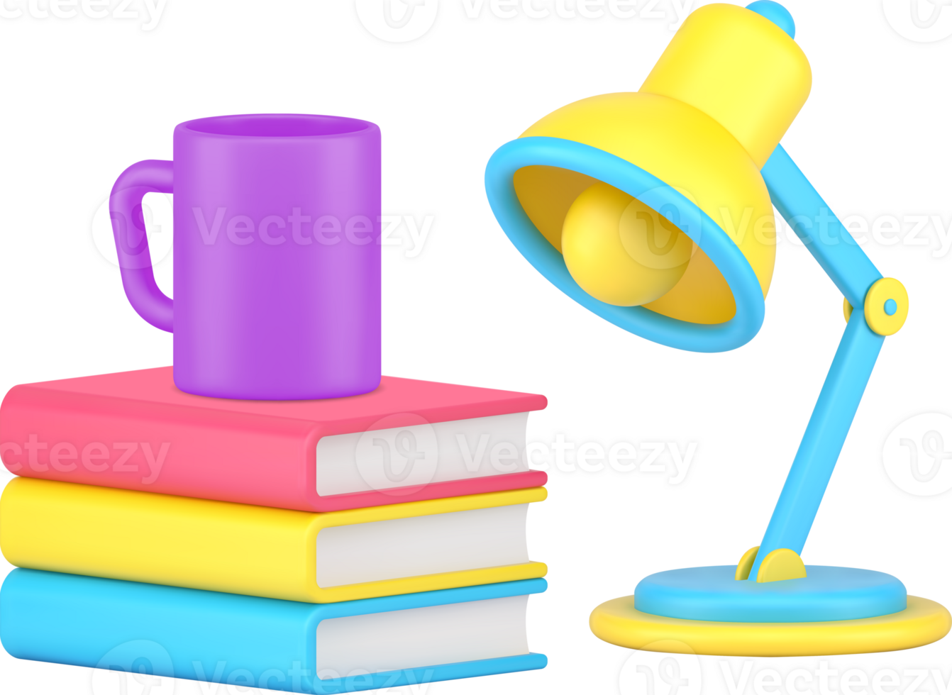 Reading interesting books coffee tea mug and table lamp enjoying favorite educational hobby 3d icon png