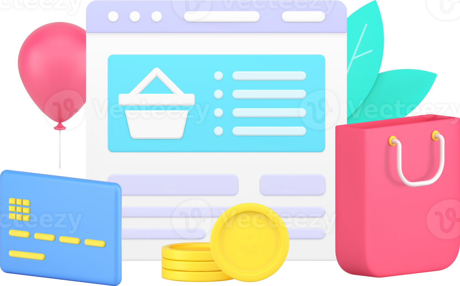 Internet browser computer screen with digital store website user interface 3d icon png