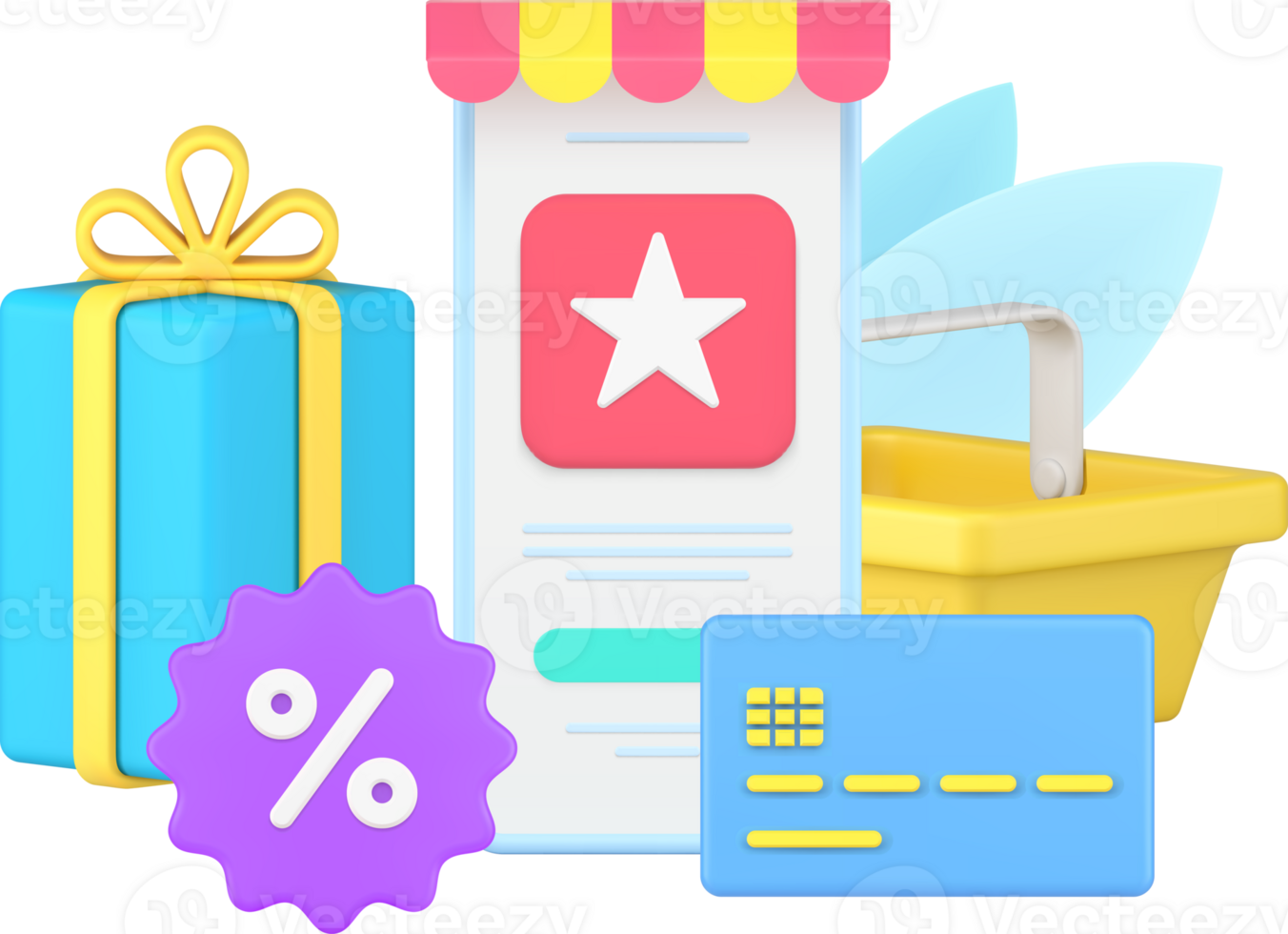 Online shopping smartphone screen awning user interface with credit card, supermarket basket 3d icon png