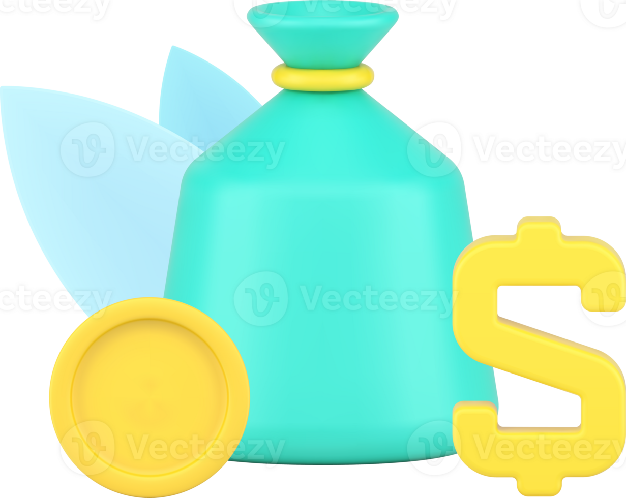 Financial independence with sack of money golden coin and dollar symbol 3d icon png