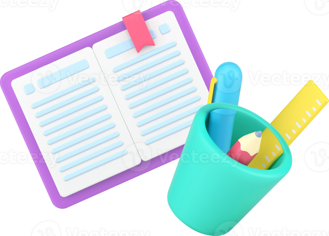 Open paper notepad bookmark and stationery in plastic glass 3d isometric icon png