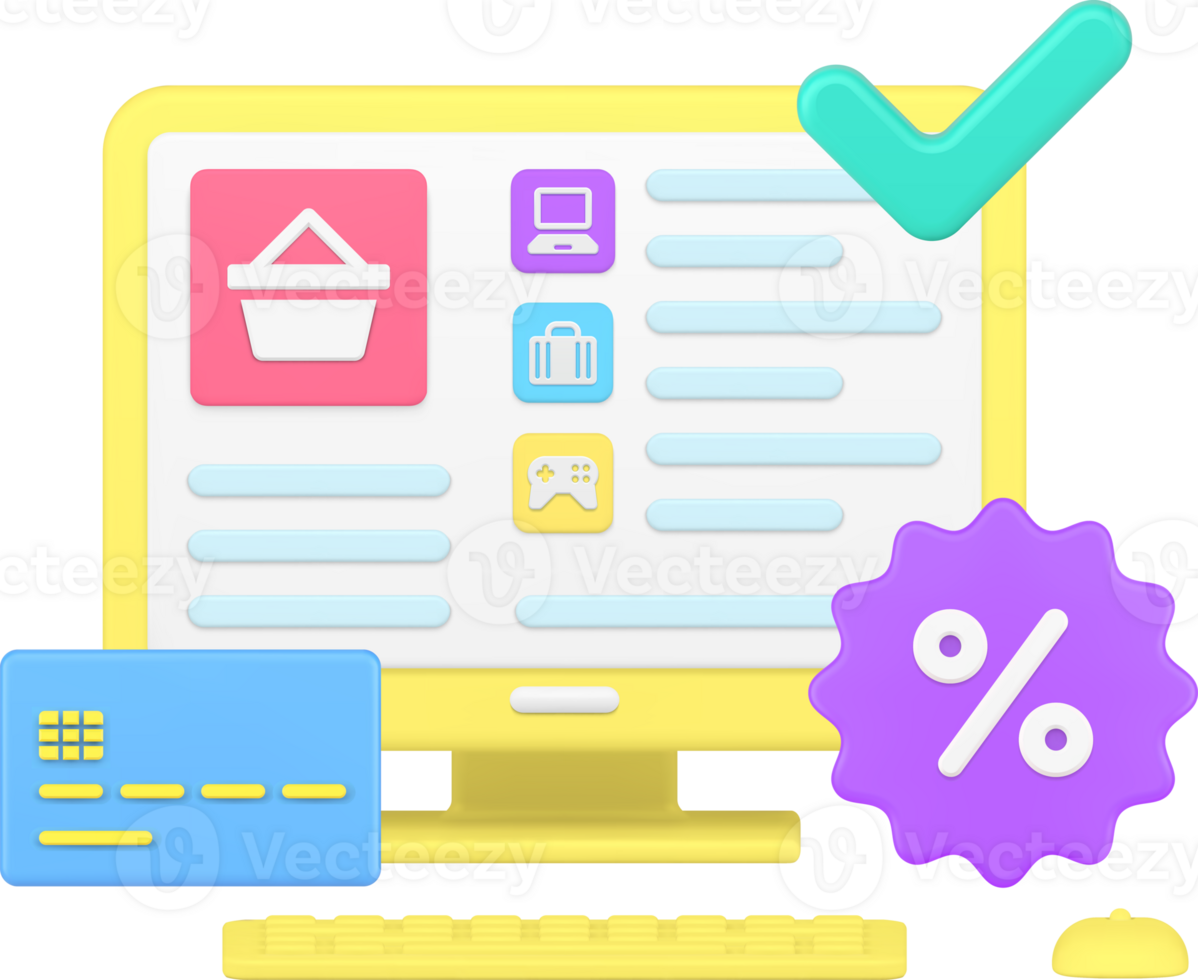 Online shopping successful payment buying goods sale discount laptop monitor screen 3d icon png