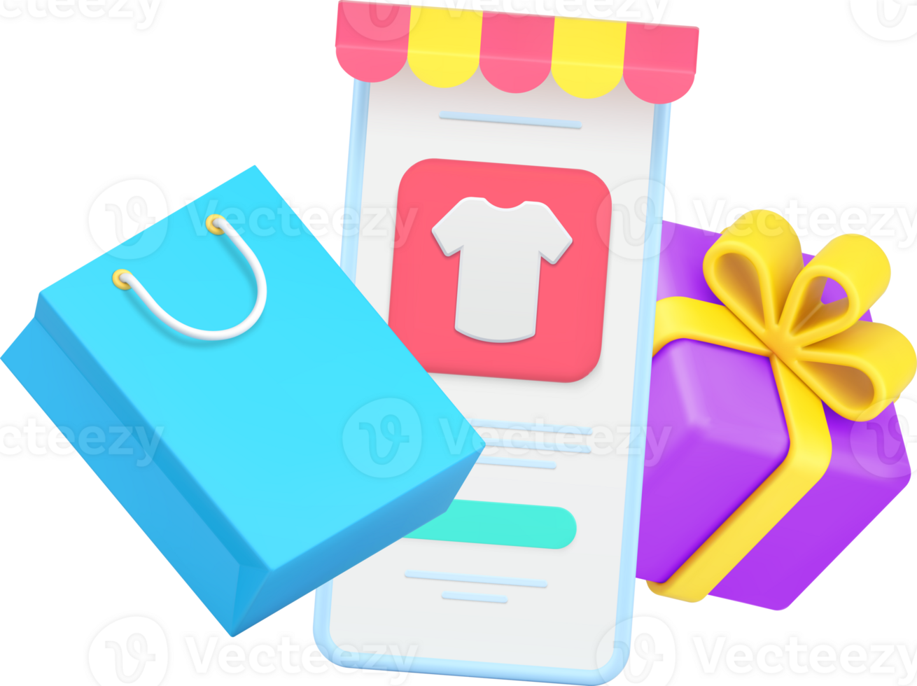 Choosing goods online store smartphone website application awning shopping bag and gift box 3d icon png