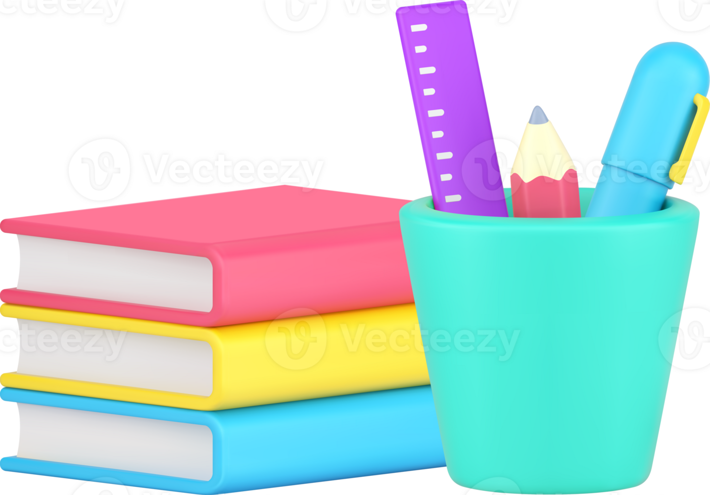 Education homework knowledge learning book stack and stationery in pencil holder 3d icon png