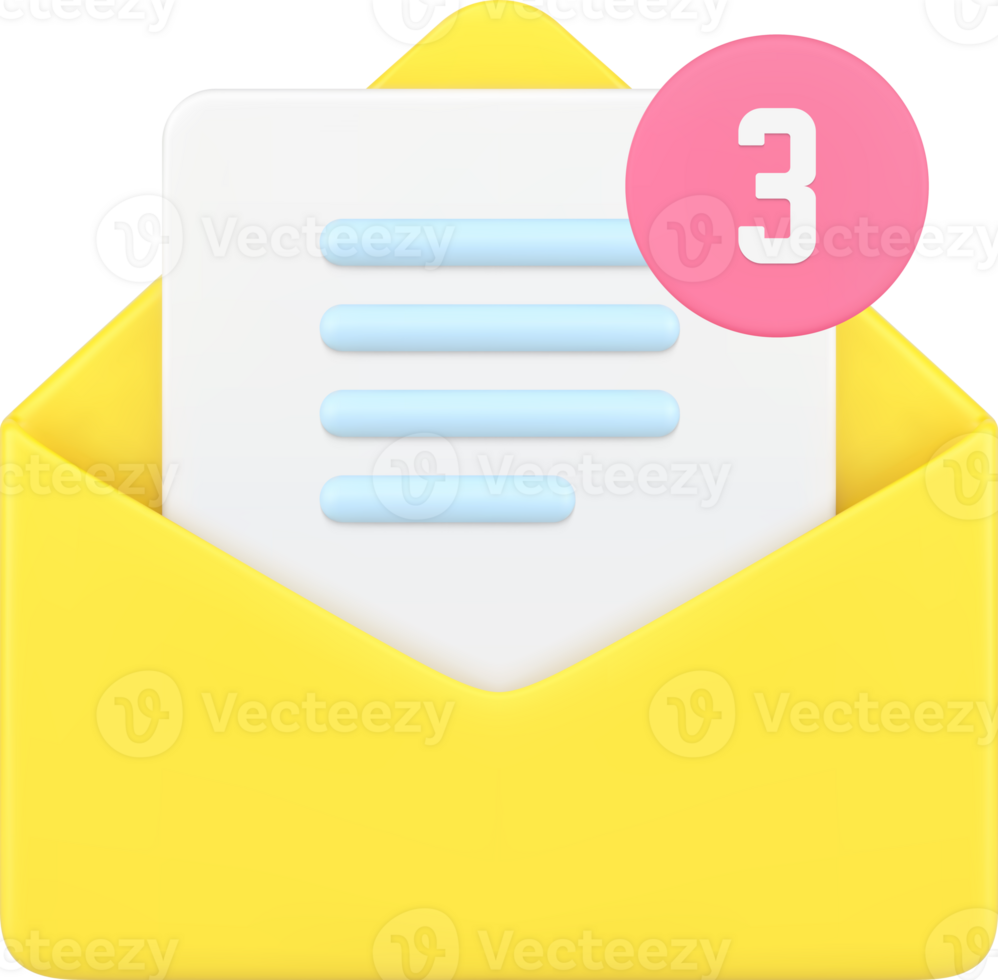Incoming three message open paper yellow envelope with letter digital alert reminder 3d icon png