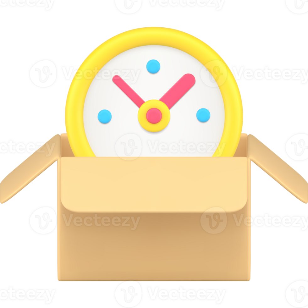 Express delivery shipment countdown time clock in open cardboard box courier service 3d icon png