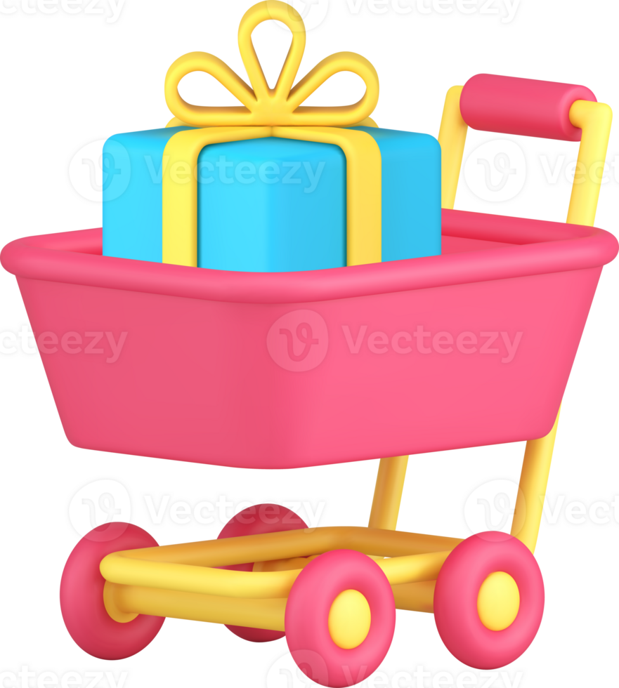 Shopping special offer sale discount supermarket trolley with wrapped gift box 3d icon png
